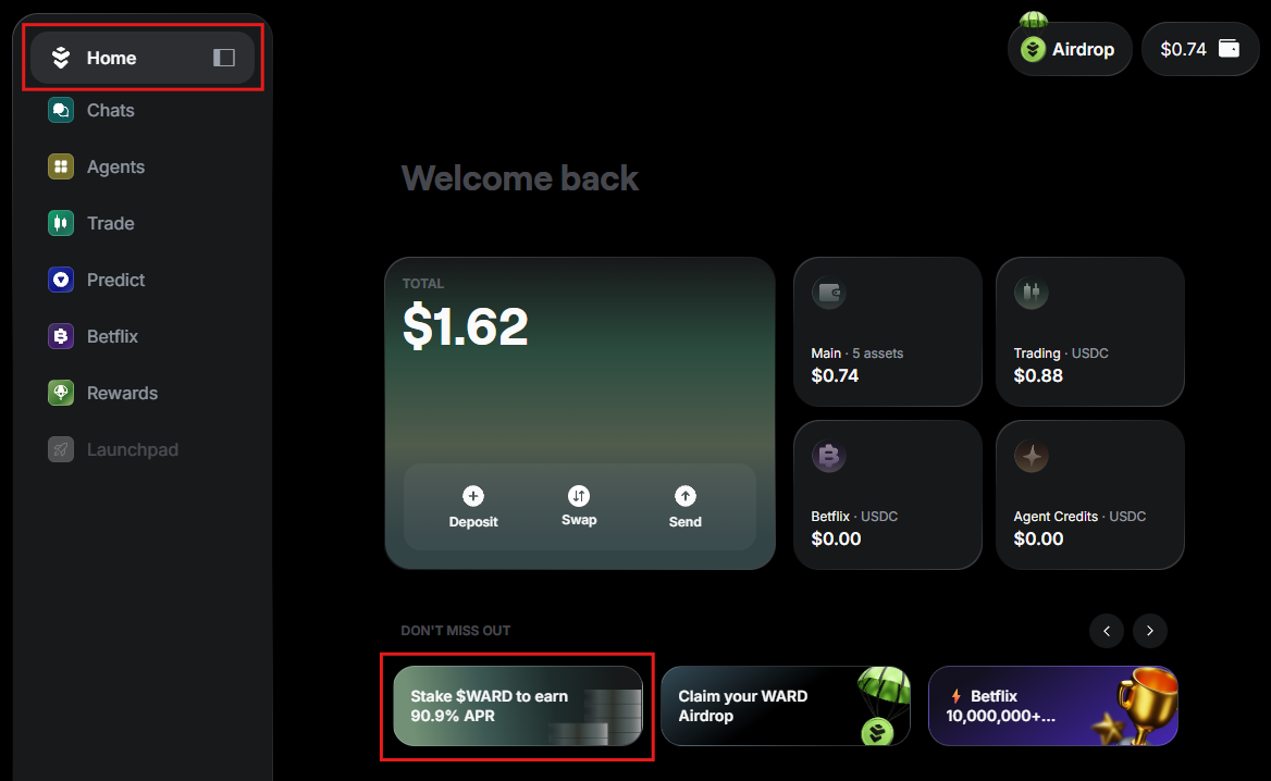 Access the staking screen through Warden's home screen