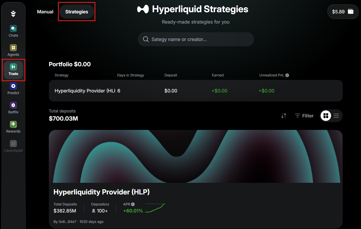 Access the Strategies tab in Warden's AI Trading Terminal