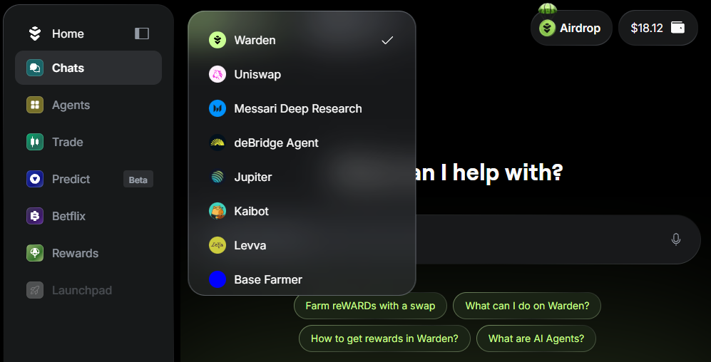 The drop-down menu with AI Agents in Warden